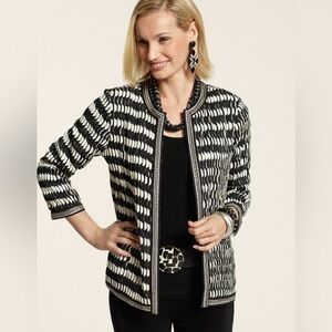 Chicos Traveler Pleated Darby Jacket Medium Black White Beige Long‎ Sleeve Open
